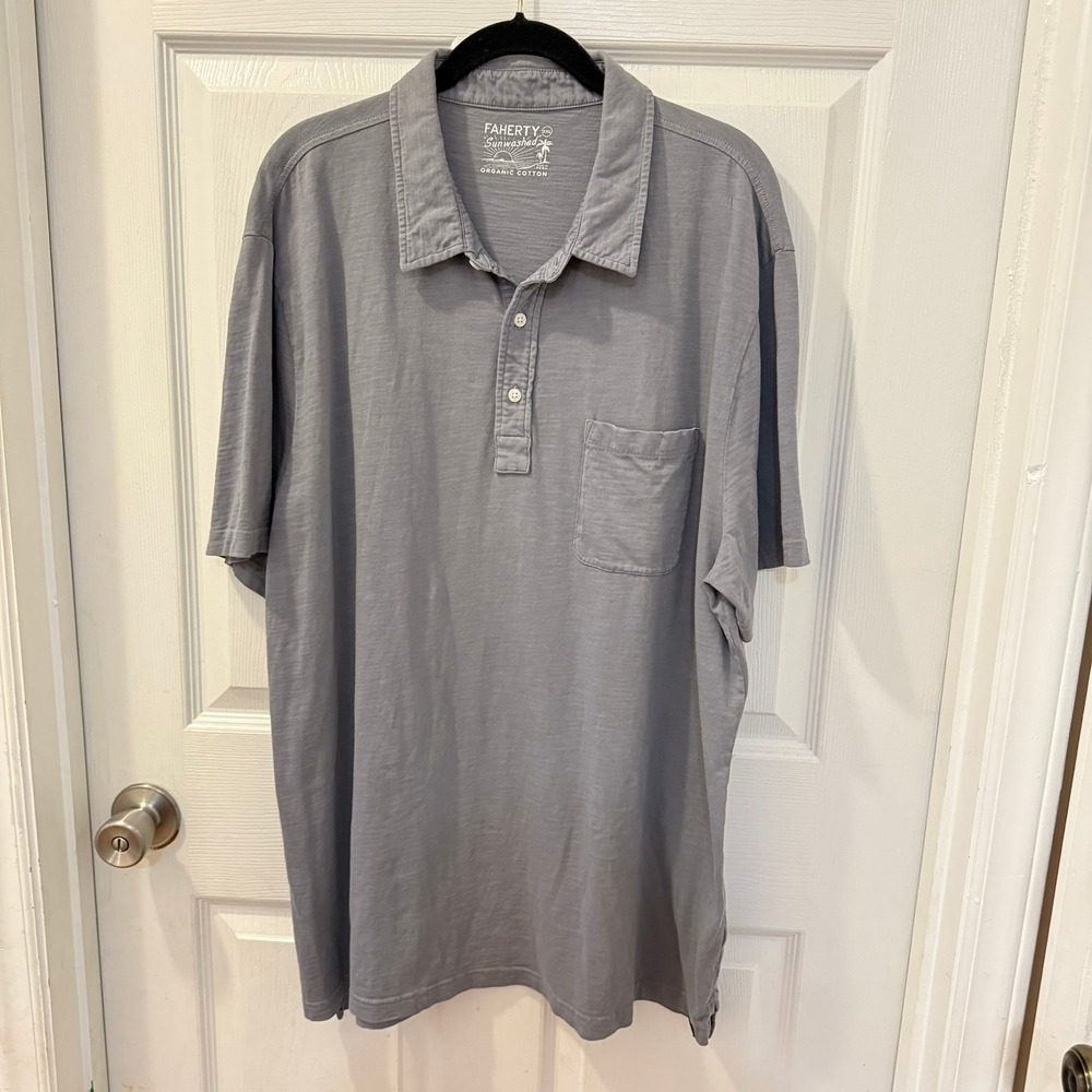 Faherty XXL Sunwashed Short Sleeve‎ Collared Polo T-Shirt Grey Organic Cotton